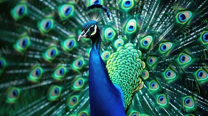 Obraz premium Peacock plumage iridescent feathers nature. Generative AI