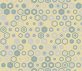 Vector seamless pattern featuring simple stacked hexagons with a multicolored palette. Tileable vector illustration.