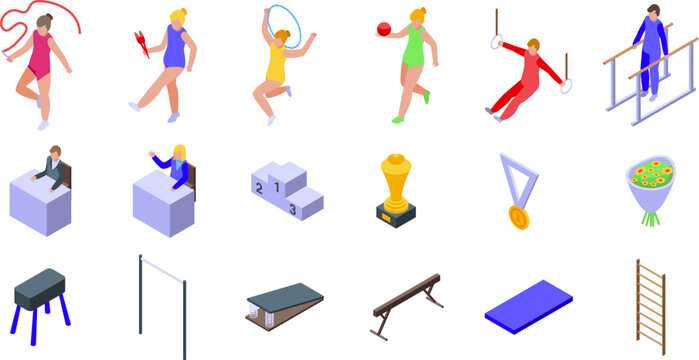 Artistic gymnast performance icons set. Gymnasts performing rhythmic gymnastics with different apparatus and equipment isometric 3d icons set