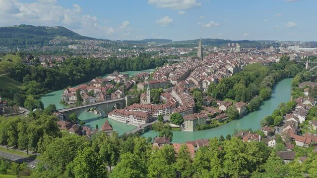 view of the city of Bern in Switzerland, river Aare - Aerial Drone Video 4k