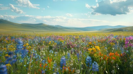 Wide cinematic view of a vast prairie filled with colorful wildflowers
