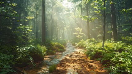 Peaceful cinematic scene of a dense forest with a sunlit trail winding by a gentle creek