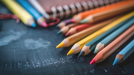 Obraz premium Colored pencils notebook and big pencil on dark surface