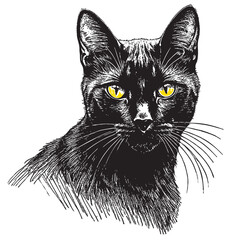 Black cat portrait with yellow eyes. Black and white pencil drawing.