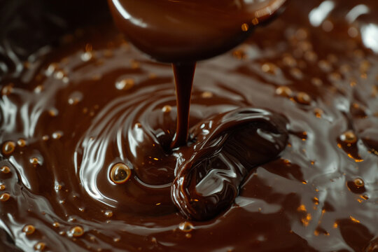 Artistic shot of melted bittersweet chocolate being poured from a spoon, capturing the luscious and tempting flow, emphasizing the richness of the chocolate