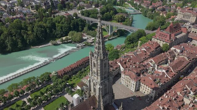 Bern Minster, Berner M&uuml;nster, aerial drone video 4k Switzerland 