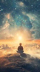 Obraz premium Man Meditating on Mountaintop with Starry Sky.