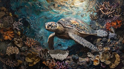 Obraz premium Sea turtle, coral, graceful. Generative AI