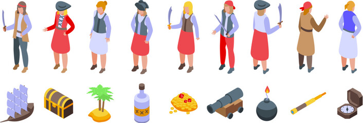 Girl pirate icons set. Female pirate character wearing eye patch, bandana and holding sword or treasure map, isometric icons set