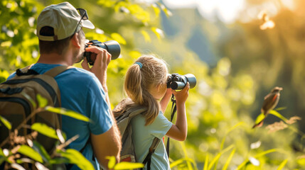 Serene scene of a family bird-watching in a park, binoculars and bird guides in hand, capturing the educational and recreational spirit of National Bird Day