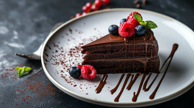 Elegant dessert scene, a plate with a slice of bittersweet chocolate cake, garnished with fresh berries and a drizzle of chocolate sauce, celebrating the indulgence of Bittersweet Chocolate Day