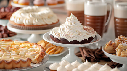 Elegant dessert table, a variety of treats like pies, cakes, and hot beverages topped with perfect swirls of whipped cream, showcasing culinary creativity
