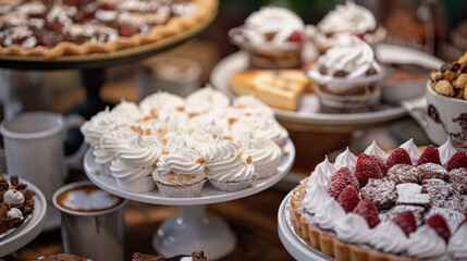 Elegant dessert table, a variety of treats like pies, cakes, and hot beverages topped with perfect swirls of whipped cream, showcasing culinary creativity