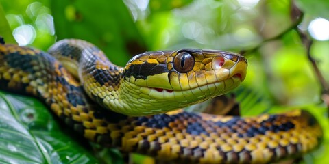 Obraz premium A green and yellow snake with black stripes and a white belly is coiled on a tree branch