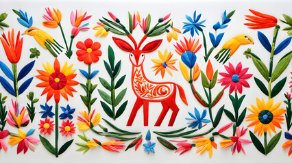 Obraz premium Mexican Otomi needlework features fanciful, vividly colorful motifs of plants and animals, frequently set on a white background