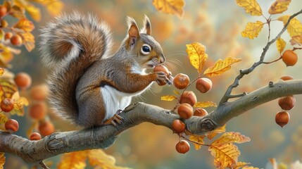 Obraz premium Squirrel, nut, autumn. Generative AI