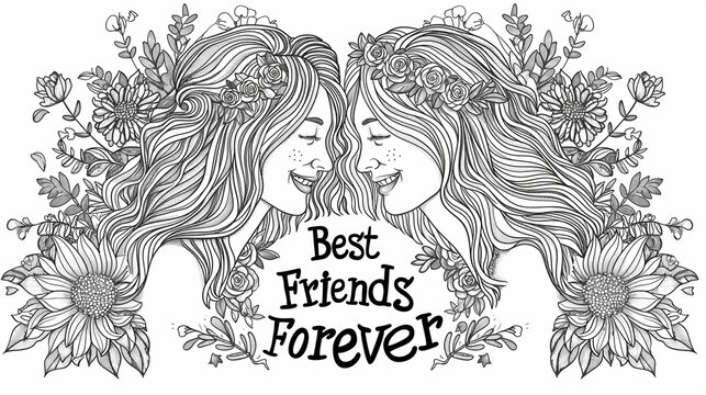 Best Friends Forever - "Best Friends Forever" text with decorative elements, Friendship Day, coloring page, hd, creative with copy space