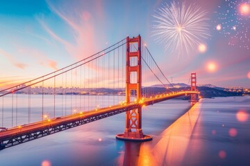 Fototapeta premium Fireworks over the Golden Gate Bridge, spectacular view, [iconic landmark], [4th of July celebration]