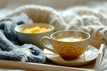 Comforting Bowl of Soup and Steaming Cup of Tea on a Cozy Tray