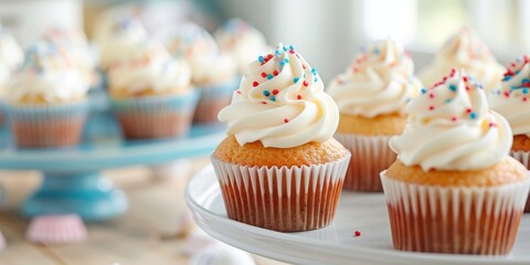 Patriotic themed dessert table, red, white, and blue cupcakes and treats, [festive food], [holiday sweets]