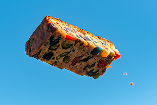 Close-up action shot of a fruitcake mid-air, flying against a clear blue sky, capturing the whimsical and festive spirit of Fruitcake Toss Day