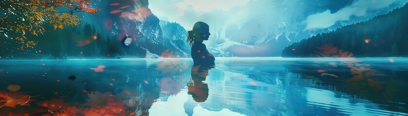 mountain landscape with a hidden lake close up, focus on, copy space, vibrant colors, Double exposure silhouette with Mermaids swimming