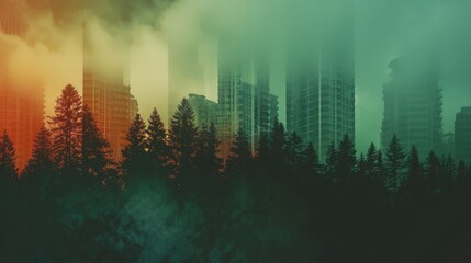 forest merging with tall building close up, focus on, copy space, striking visuals, Double exposure silhouette with architectural impact