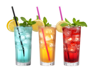 Fototapeta premium A set of three different colorful summer cocktails with straws and mint leaves. PNG image. PNG files