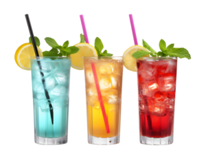 A set of three different colorful summer cocktails with straws and mint leaves. PNG image. PNG files