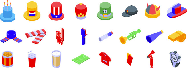 Competition match attributes icons set. Fans are having a blast supporting their team during a sport match