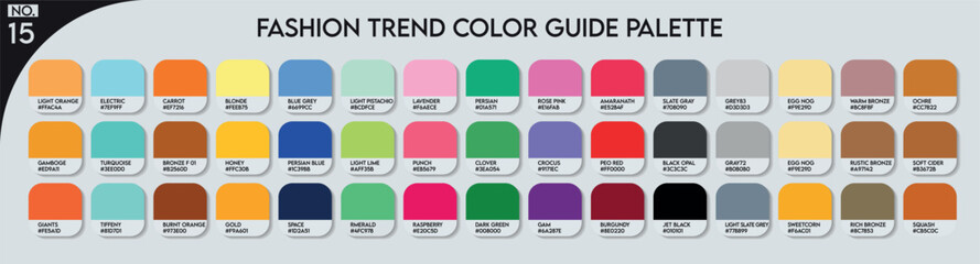 Fashion Trend Color Palette. Fashion Trend Color Guide Palette No 15. An example of a colour tones vector. Forecast of the future colors. Catalog Samples of Colors for Paint Businesses, garments, Arts