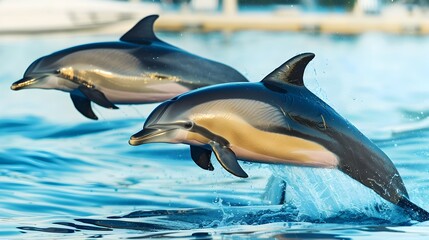 Leaping Dolphins Performing Acrobatic Feats in a Vibrant,Pop Art-Inspired Marine Park Scene