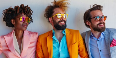Studio shot, diverse business team with summer accessories, background is a clean white, engaging in a brainstorming session