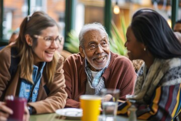 Obraz premium senior people socializing at getting together event, chatting and talking, smiling. retired lifestyle