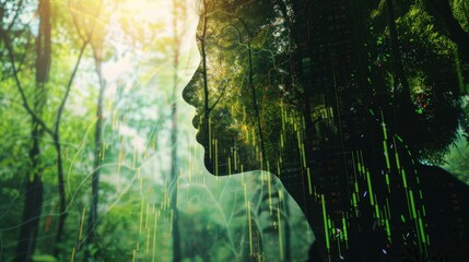 Obraz premium forest scene with stock chart close up, focus on, copy space, lush green tones, Double exposure silhouette with economic trends
