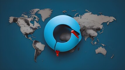 For the globe Diabetes Day concept, a blue circle with a red drop of blood, symbolising diabetes awareness, is placed on a background of a globe map for posters and banners.