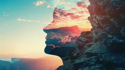 mountain landscape with a rocky terrain close up, focus on, copy space, vibrant colors, Double exposure silhouette with Medusa