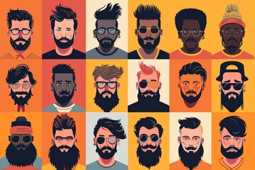 beards flat illustration, portraying men with variety of beard styles, from stubble to full beards, diverse expressions of identity and masculinity associated with facial hair. barbershop salon poster