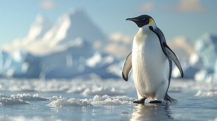 Obraz premium Portrait of a penguin in a snowy landscape. Playful, happy animal. Soft sunset background. Generative AI