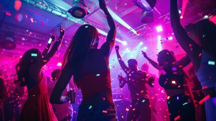 group of people dancing with their backs to each other in a disco with neon lights