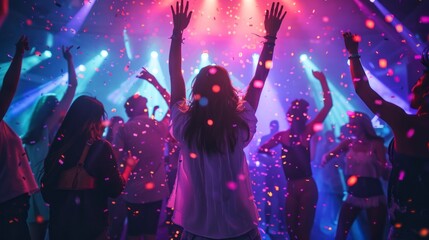 Obraz premium group of people dancing with their backs to each other in a disco with neon lights