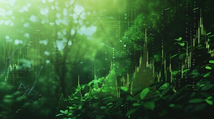 Fototapeta premium forest intertwined with stock chart close up, focus on, copy space, bold greens, Double exposure silhouette with financial forecast