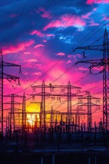 Substation at sunset with detailed switchgear and transmission towers 
