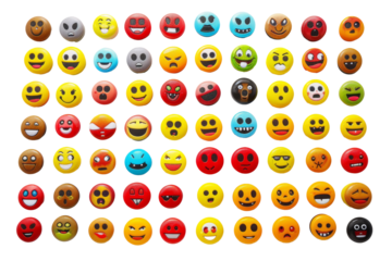 Set of emojis with different faces and colors. Transparent background