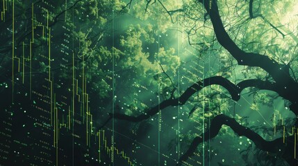 Obraz premium forest intertwined with stock chart close up, focus on, copy space, bold greens, Double exposure silhouette with financial forecast