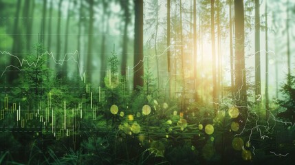 Fototapeta premium forest scene with stock chart close up, focus on, copy space, lush green tones, Double exposure silhouette with economic trends