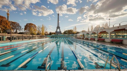 Fototapeta premium Olympic pool with the Eiffel Tower in the background