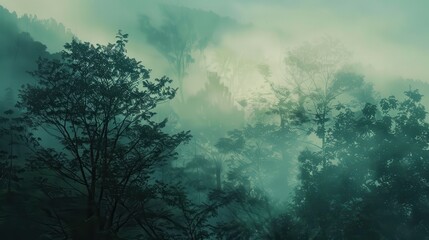 forestcovered mountainside at dusk close up, focus on, copy space, lush green tones, Double exposure silhouette with Dragon lurking