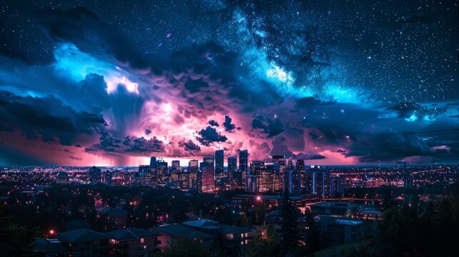Cityscape Under a Dramatic Night Sky