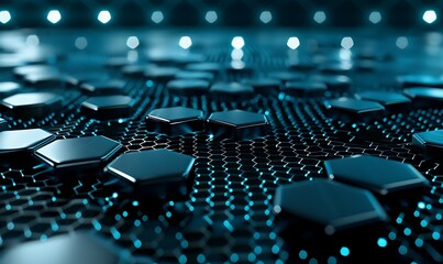 An image showcasing a futuristic grid with hexagonal lines and binary patterns